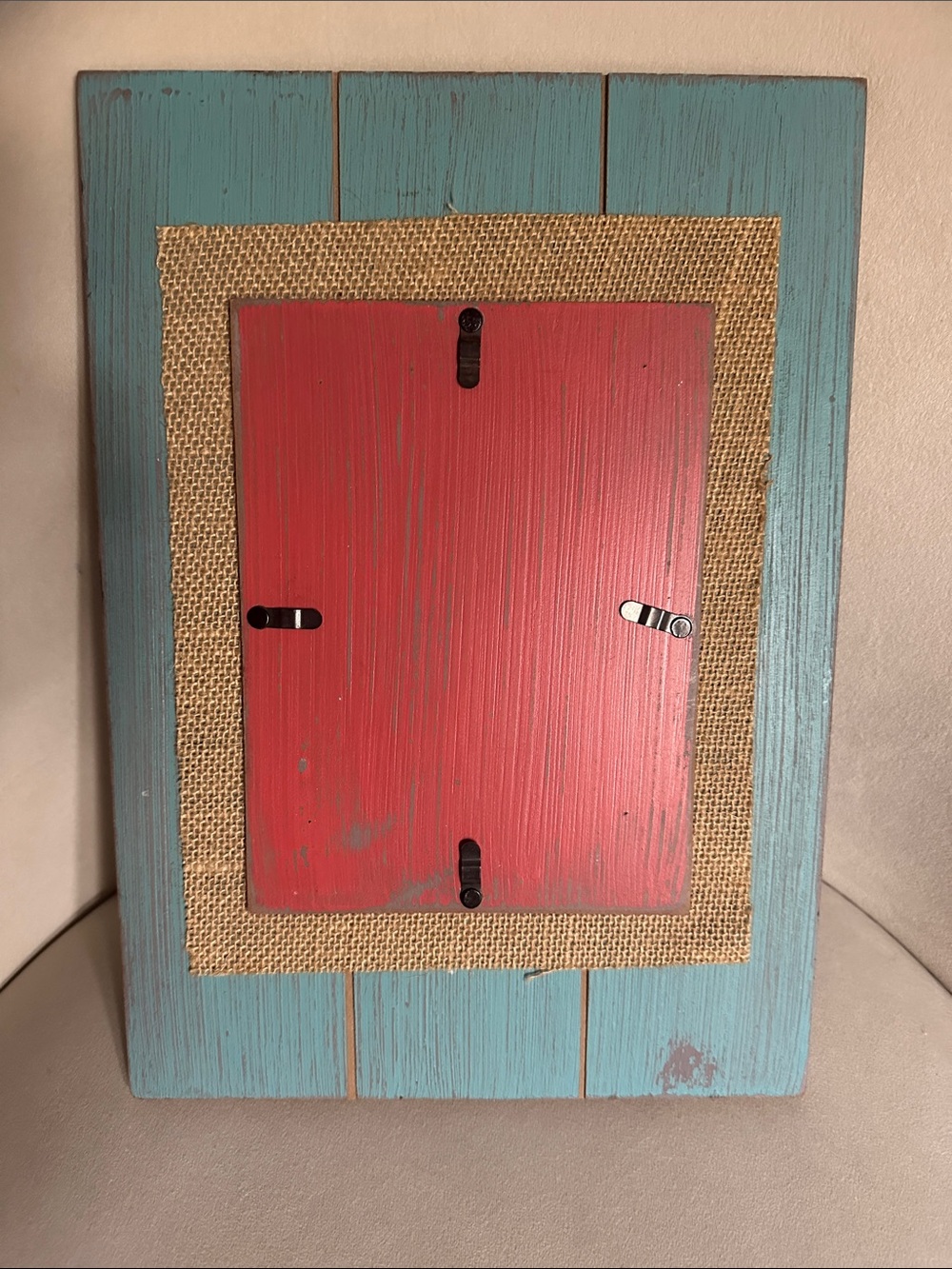 ❤️Hobby Lobby Wooden Turquoise and Red Burlap Accent Frame